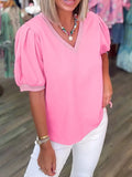 Solid Color V Neck Short Puff Sleeve Blouse - Trendsi - Flyclothing LLC
