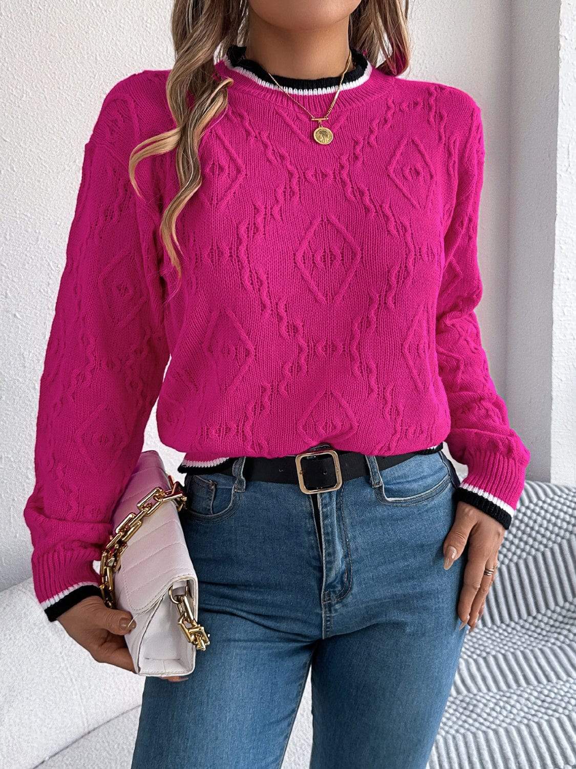 Contrast Trim Round Neck Long Sleeve Sweater - Trendsi - Flyclothing LLC