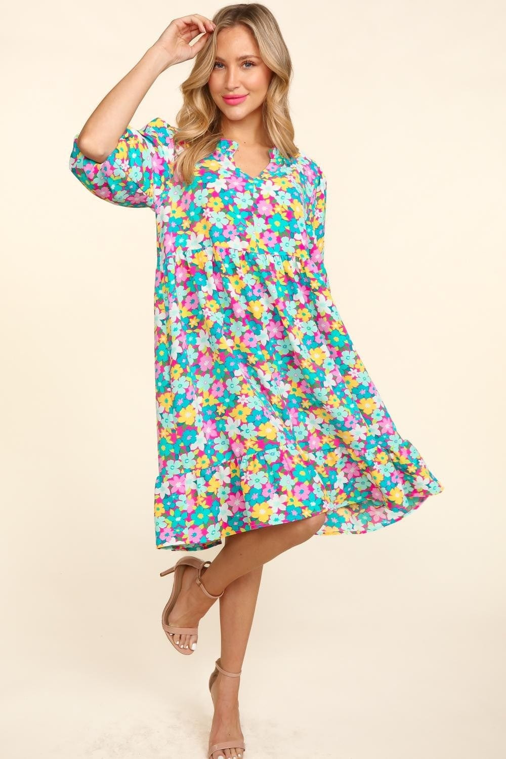 Haptics Bubble Sleeve Floral Ruffled Dress - Trendsi