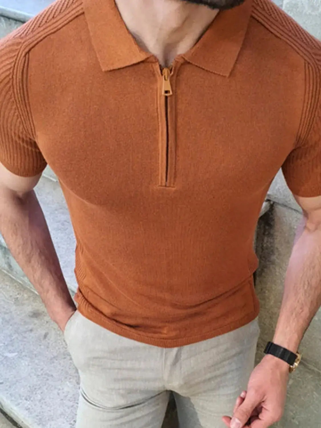 Men's Collared Neck Quarter Zip Knit Polo - Trendsi - Flyclothing LLC