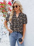 Ruched Printed Notched Short Sleeve Blouse - Trendsi - Flyclothing LLC