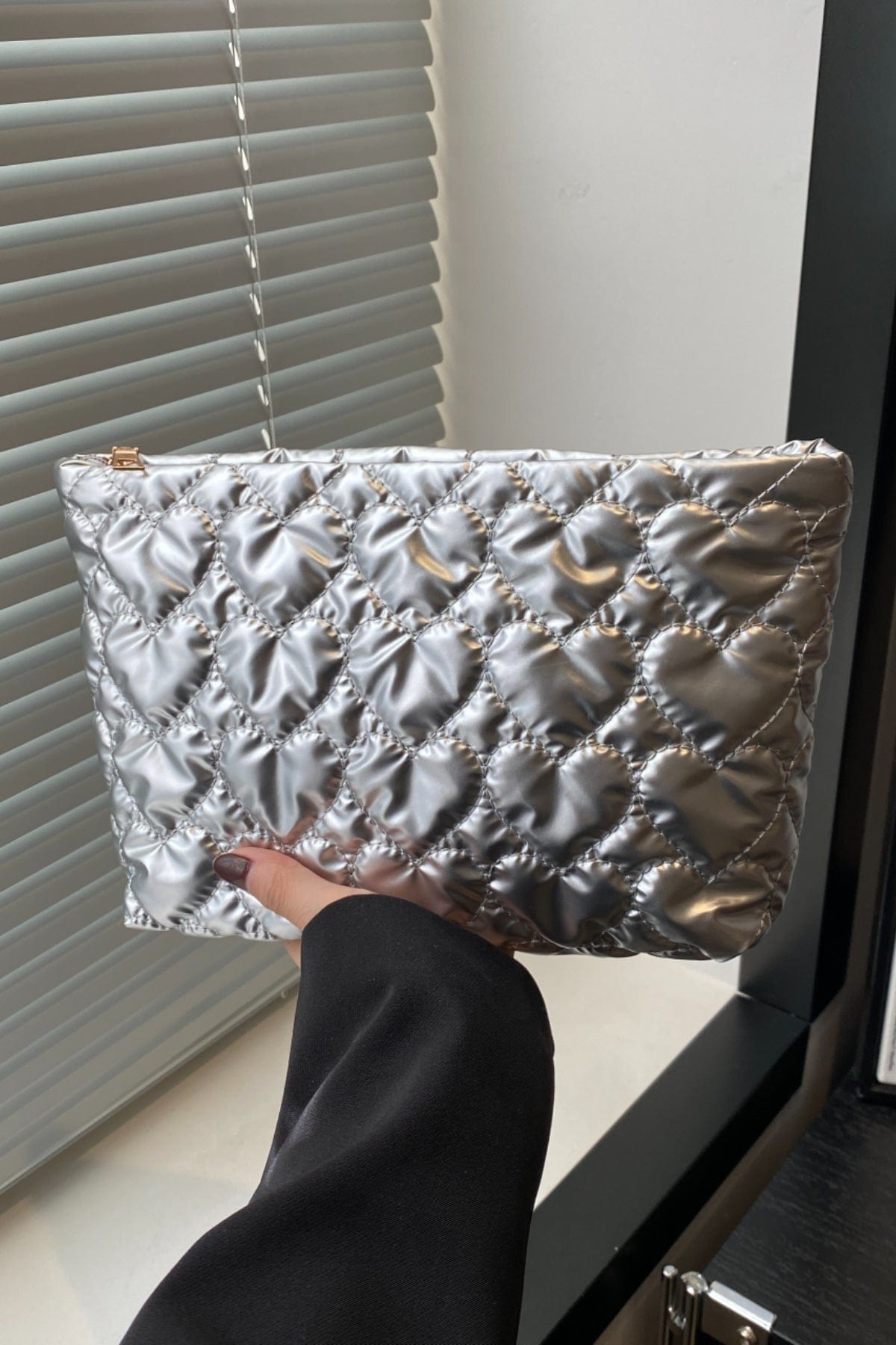 Ruched Heart Clutch with Zipper - Trendsi