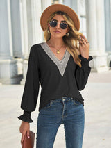 V-Neck Eyelet Flounce Sleeve Blouse - Trendsi - Flyclothing LLC