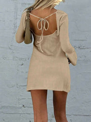 Backless Round Neck Long Sleeve Mini Dress - Trendsi