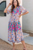 Mixed Floral Print Tie Neck Short Sleeve Dress - Trendsi