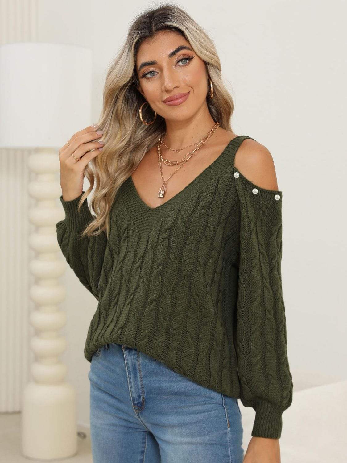 Cable-Knit Cold Shoulder Sweater - Trendsi - Flyclothing LLC