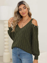 Cable-Knit Cold Shoulder Sweater - Trendsi - Flyclothing LLC