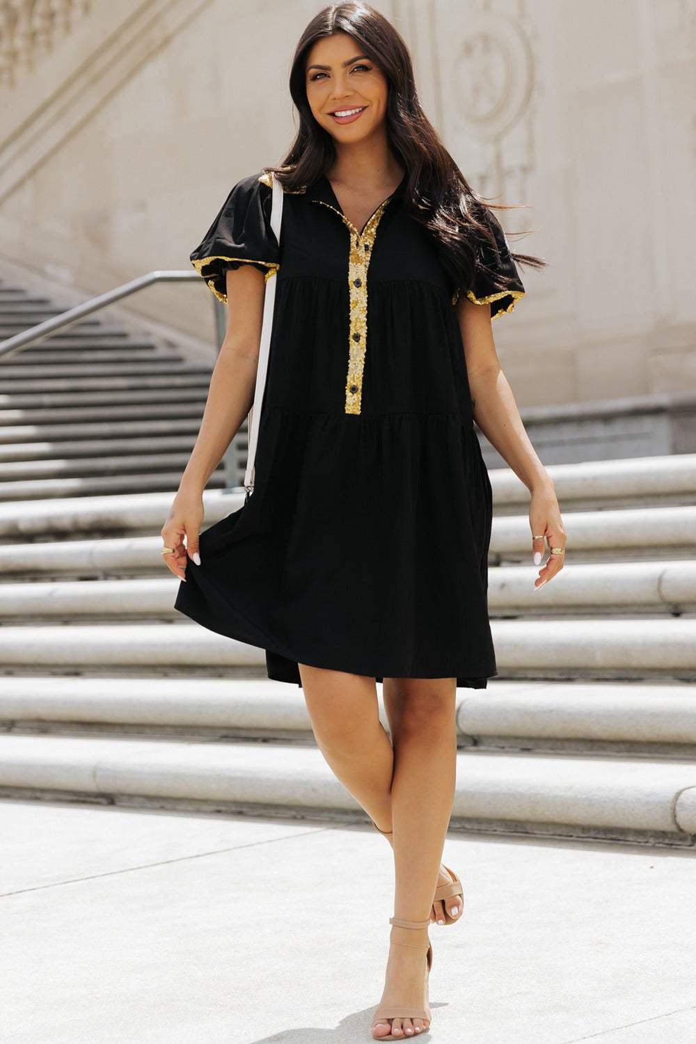 Sequin Half Button Short Sleeve Dress - Trendsi - Flyclothing LLC