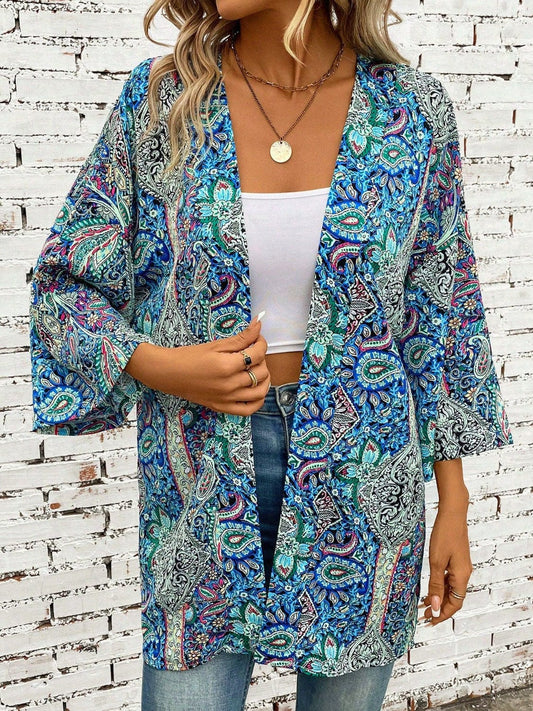 Printed Open Front Three-Quarter Sleeve Cover Up - Trendsi