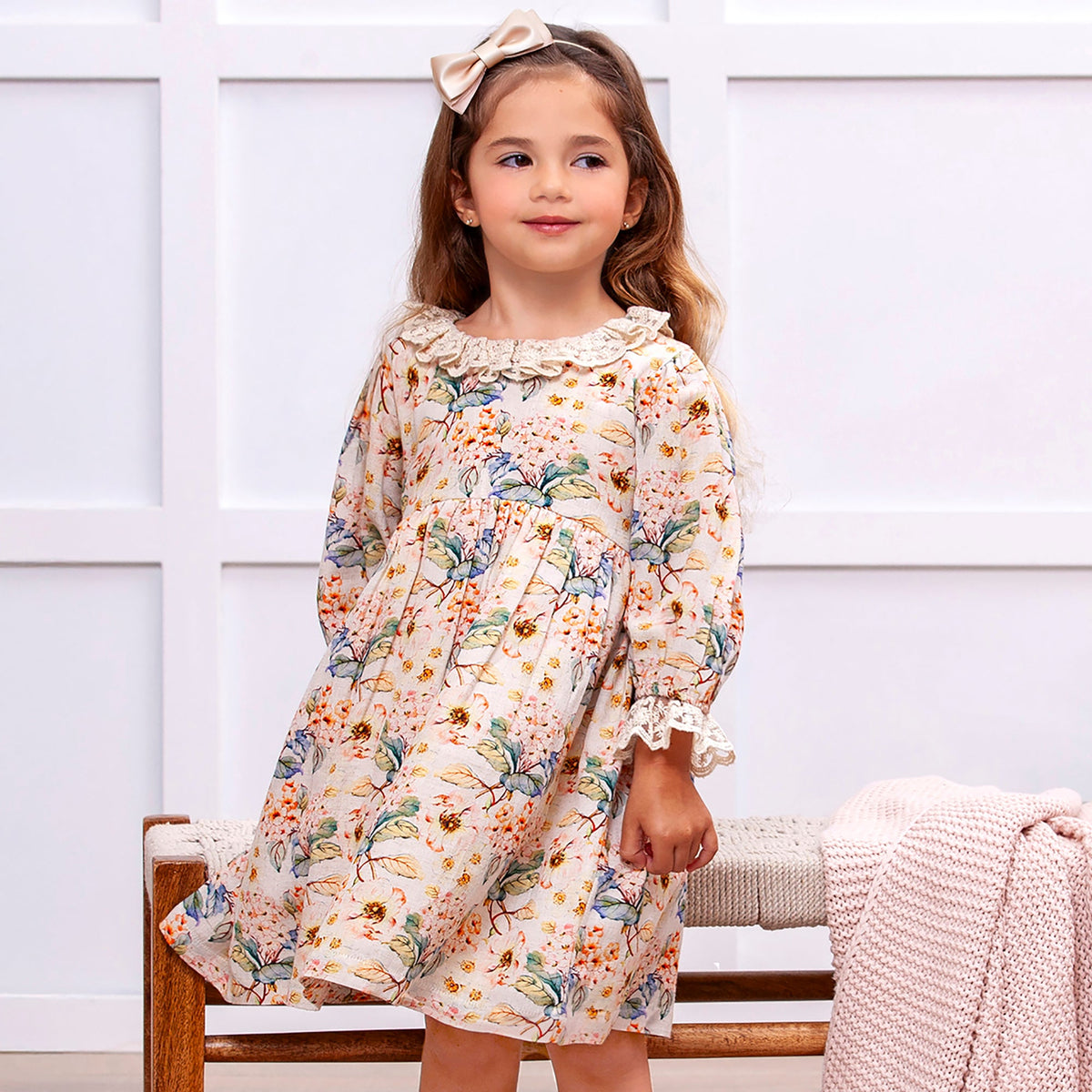 Vintage Floral Dress with Lace Collar Ruffles, Linen Blend - Tesa Babe - Flyclothing LLC