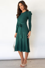 Round Neck Long Sleeve Tie Waist Sweater Dress - Trendsi