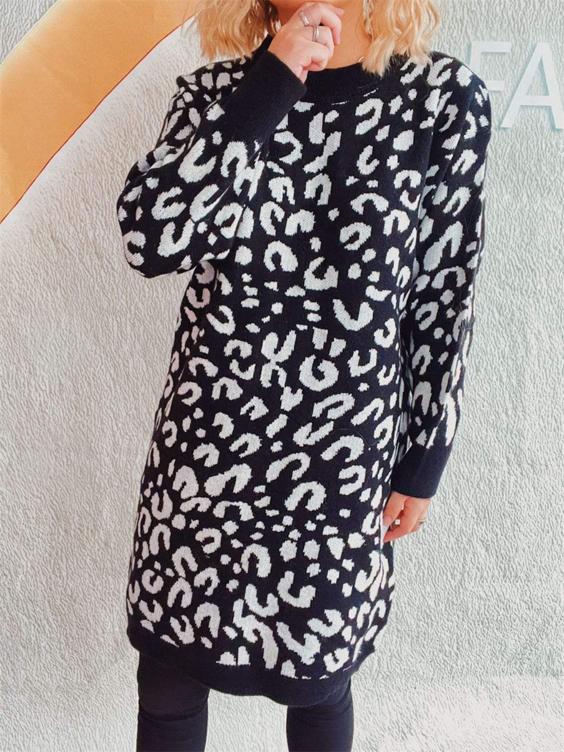 Leopard Round Neck Long Sleeve Sweater - Trendsi - Flyclothing LLC