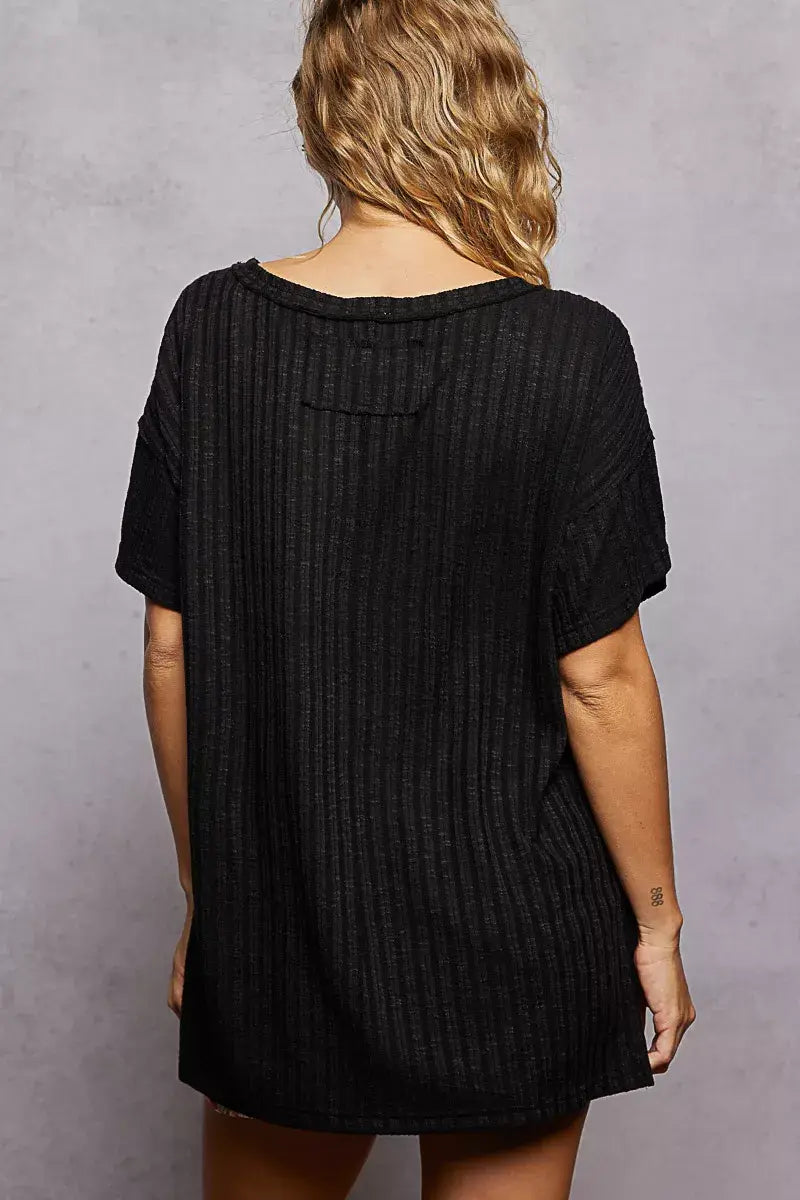 POL Ribbed Knit V-Neck Short Sleeve T-Shirt - Trendsi - Flyclothing LLC