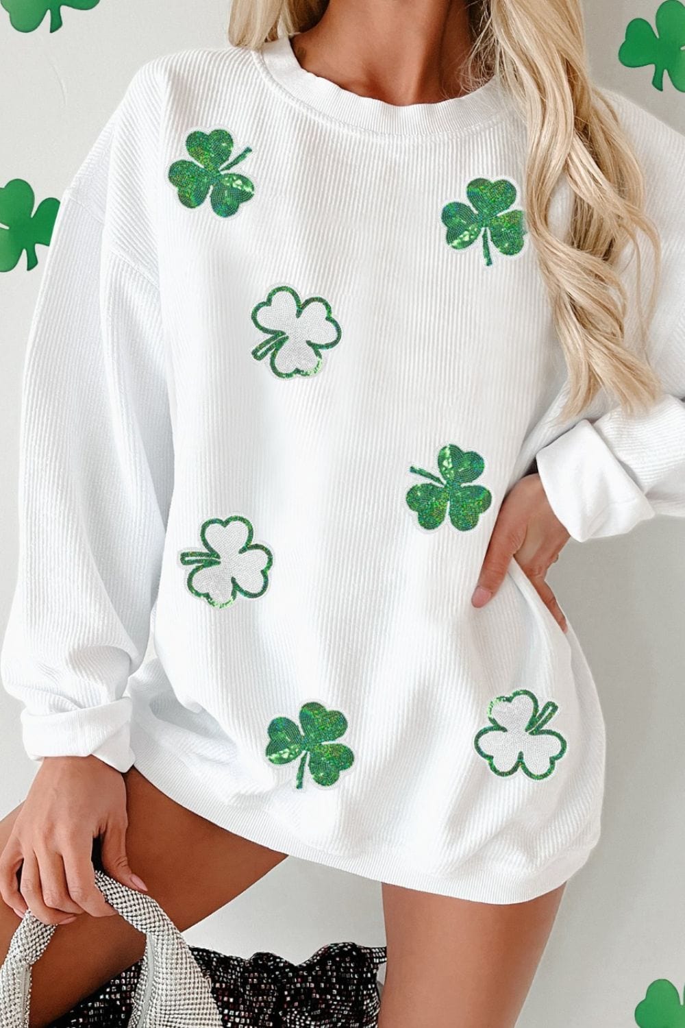 Sequin Lucky Clover Round Neck Long Sleeve Sweatshirt - Trendsi