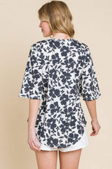 BOMBOM Floral Decorative Button V-Neck Top - Trendsi - Flyclothing LLC