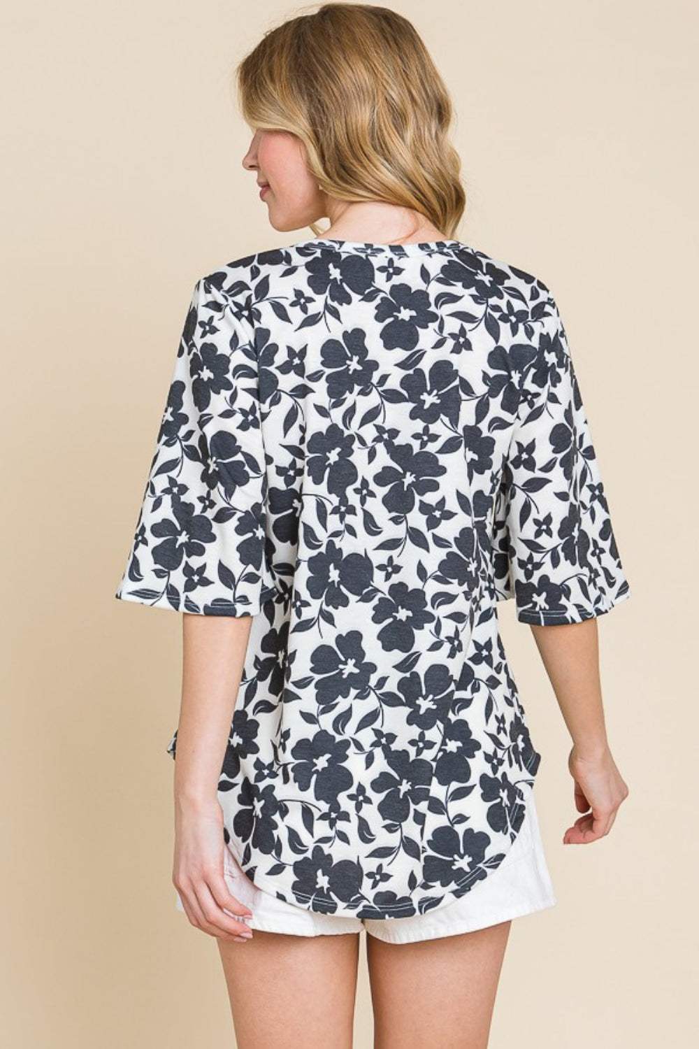 BOMBOM Floral Decorative Button V-Neck Top - Trendsi - Flyclothing LLC