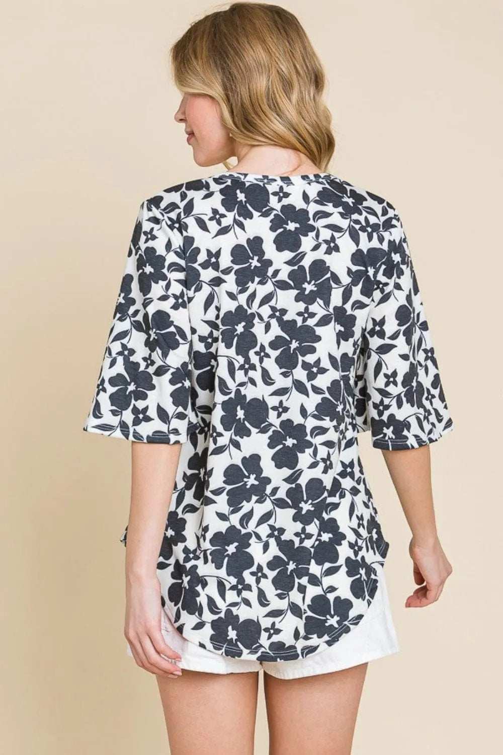 BOMBOM Floral Decorative Button V-Neck Top - Trendsi - Flyclothing LLC