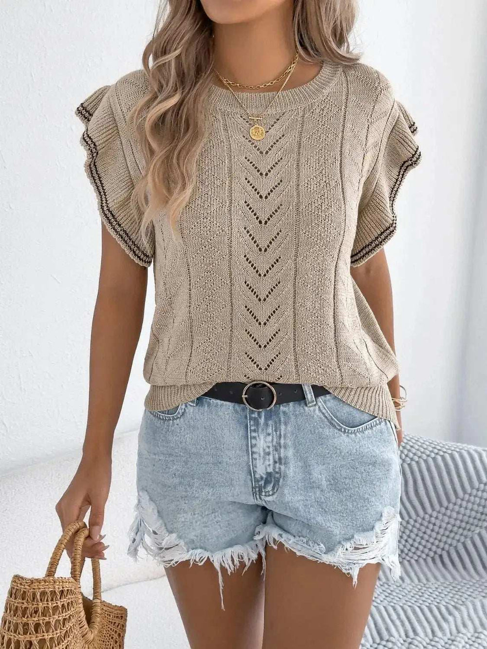 Openwork Round Neck Cap Sleeve Knit Top - Trendsi - Flyclothing LLC