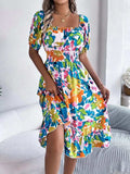 Ruffled Hem Smocked Floral Short Sleeve Midi Dress - Trendsi - Flyclothing LLC