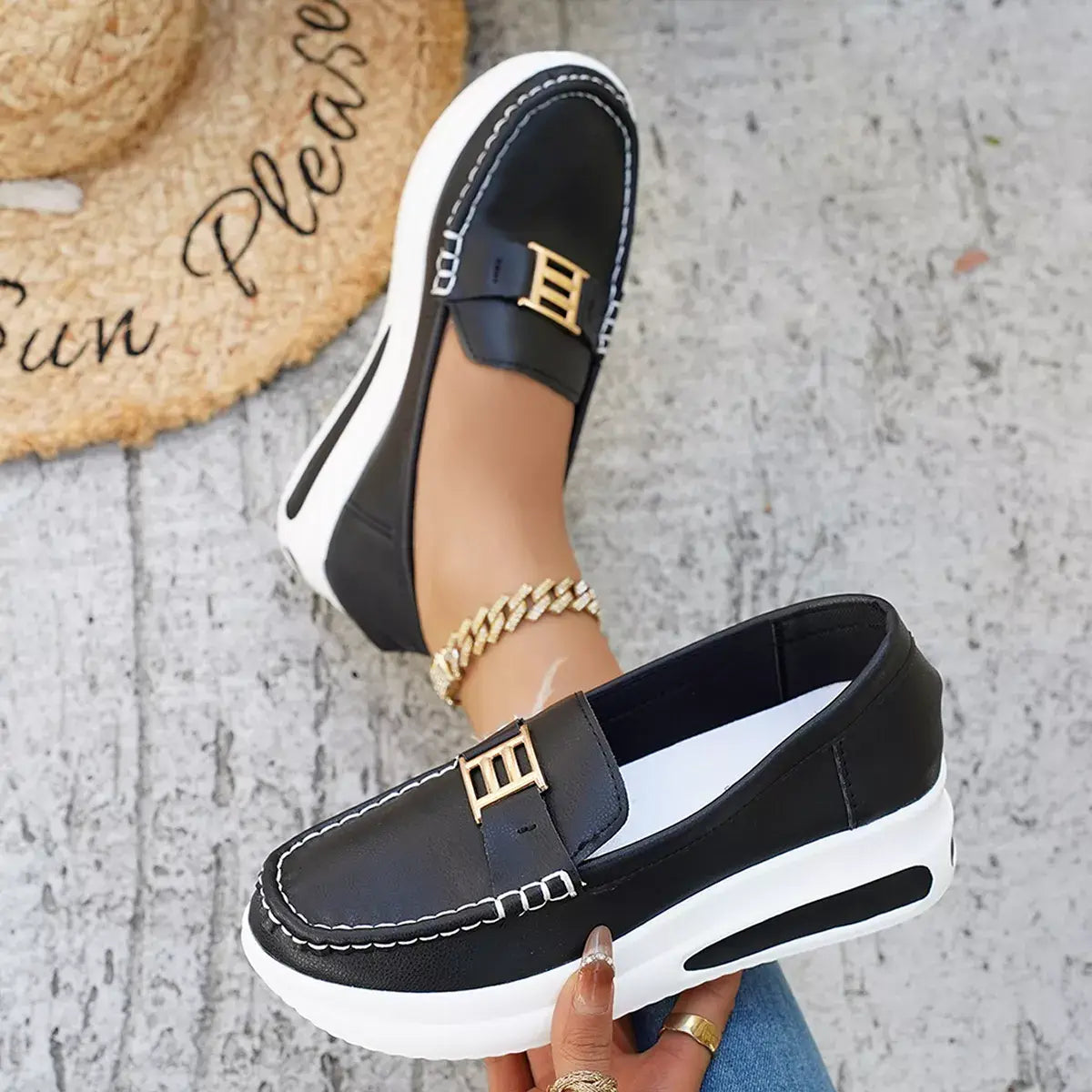 Metal Buckle Round Toe Slip-Ons - Trendsi - Flyclothing LLC