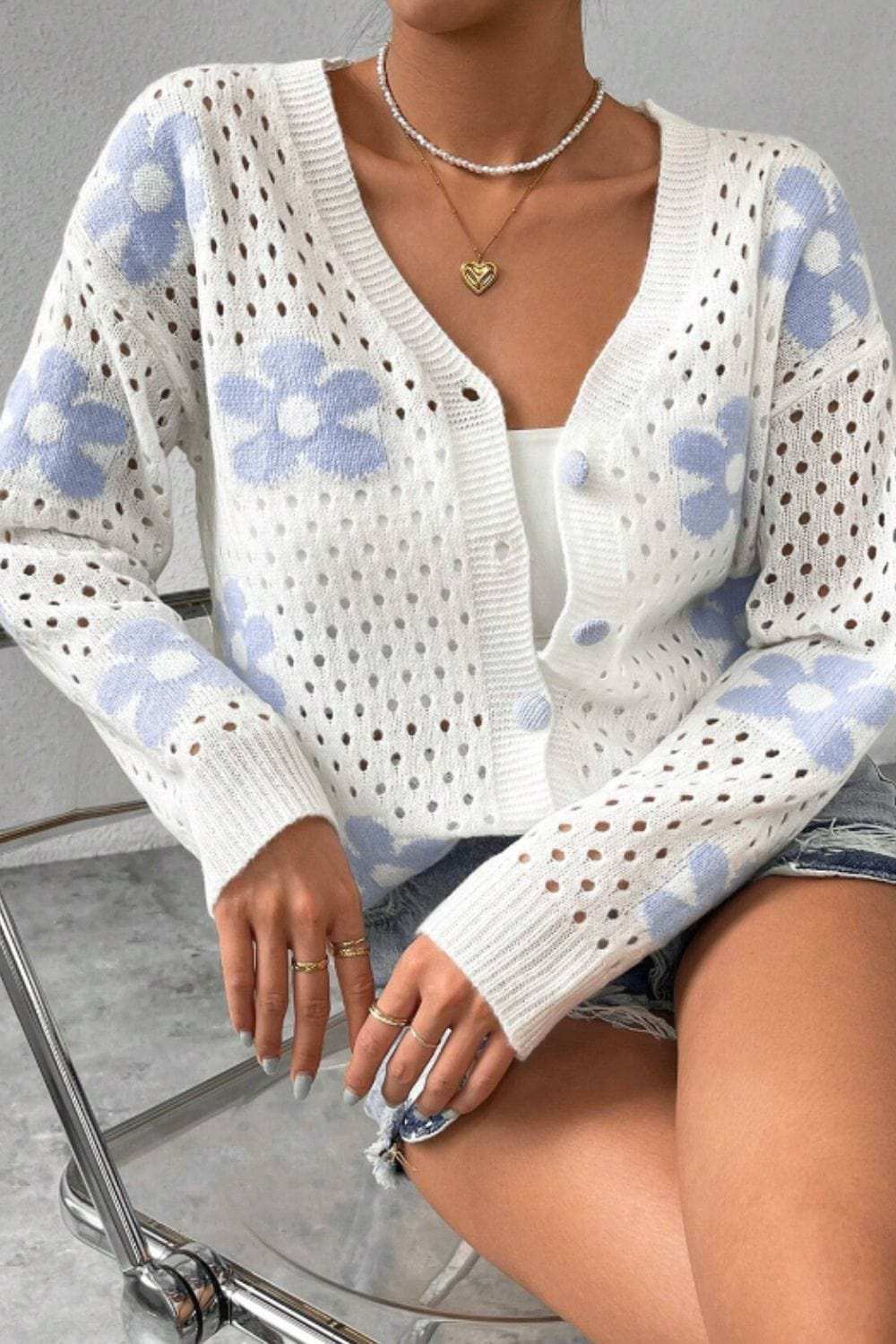 Flower Hollowed Out Button Down Long Sleeve Cardigan - Trendsi - Flyclothing LLC