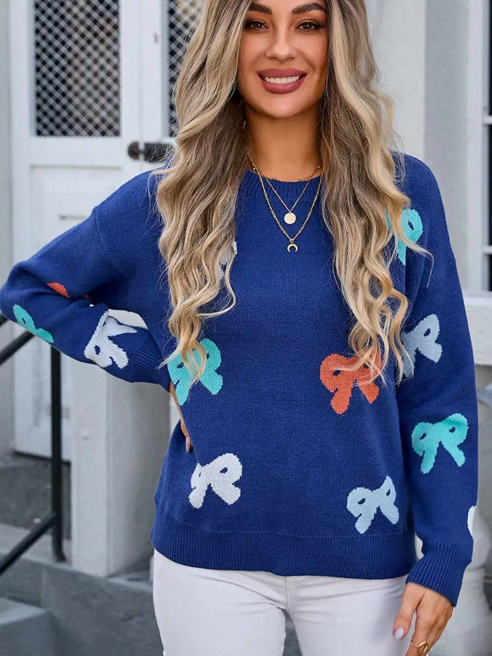 Bow Graphic Round Neck Long Sleeve Sweater - Trendsi - Flyclothing LLC
