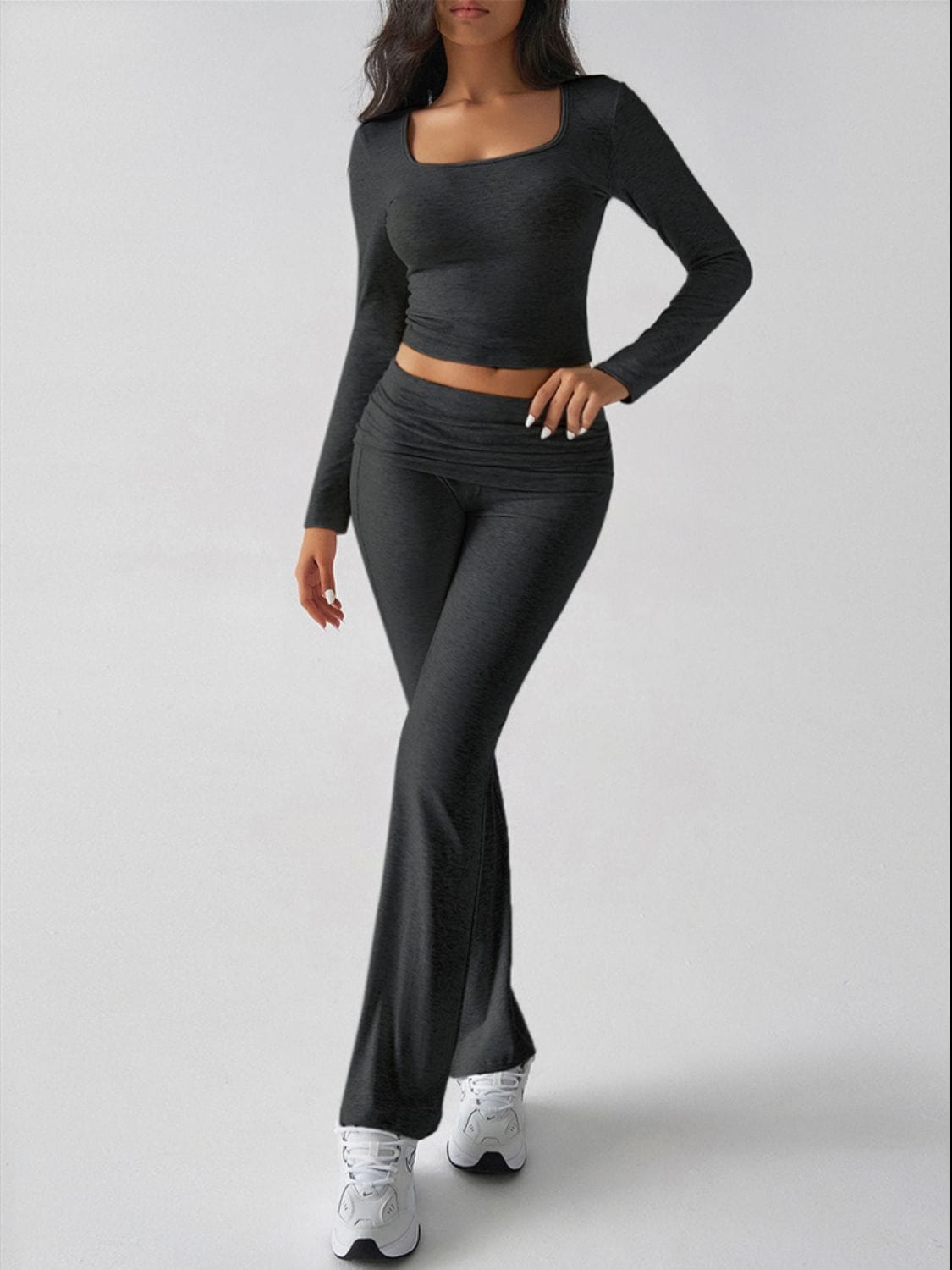 Devine Square Neck Long Sleeve Top and Pants Set - Trendsi