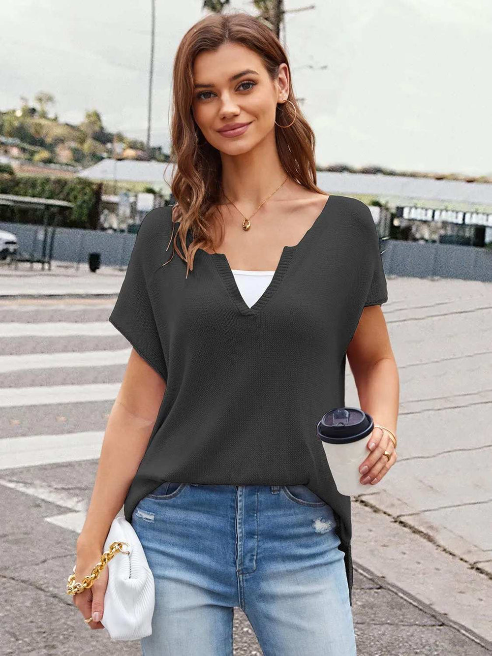 Notched Short Sleeve Knit Top - Trendsi - Flyclothing LLC