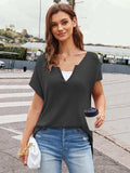 Notched Short Sleeve Knit Top - Trendsi - Flyclothing LLC