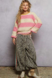 POL Contrast Striped Round Neck Sweater with Textured Cable Knit Pattern - Trendsi - Flyclothing LLC