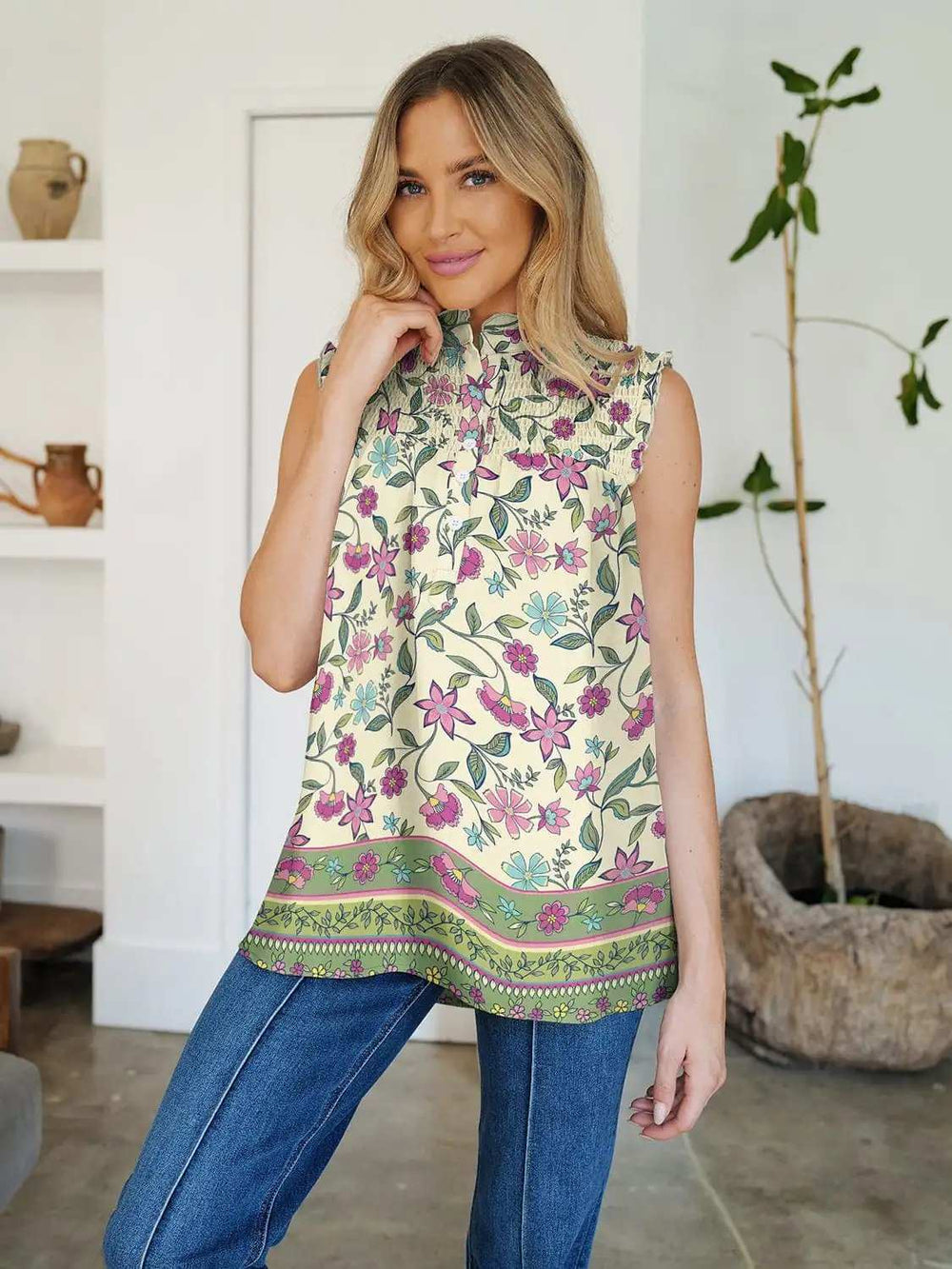 Frill Printed Mock Neck Top - Trendsi - Flyclothing LLC