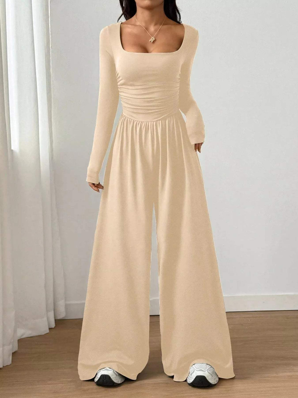 Ruched Square Neck Wide-Leg Jumpsuit - Trendsi - Flyclothing LLC