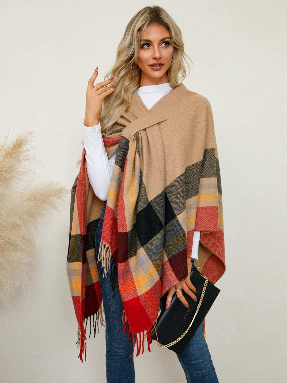 Fringe Contrast Plaid Poncho - Trendsi - Flyclothing LLC