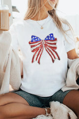 USA Flag Bow Knot Patched Crew Neck T Shirt - Trendsi - Flyclothing LLC