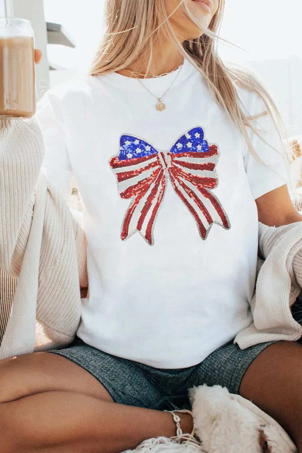 USA Flag Bow Knot Patched Crew Neck T Shirt - Trendsi - Flyclothing LLC
