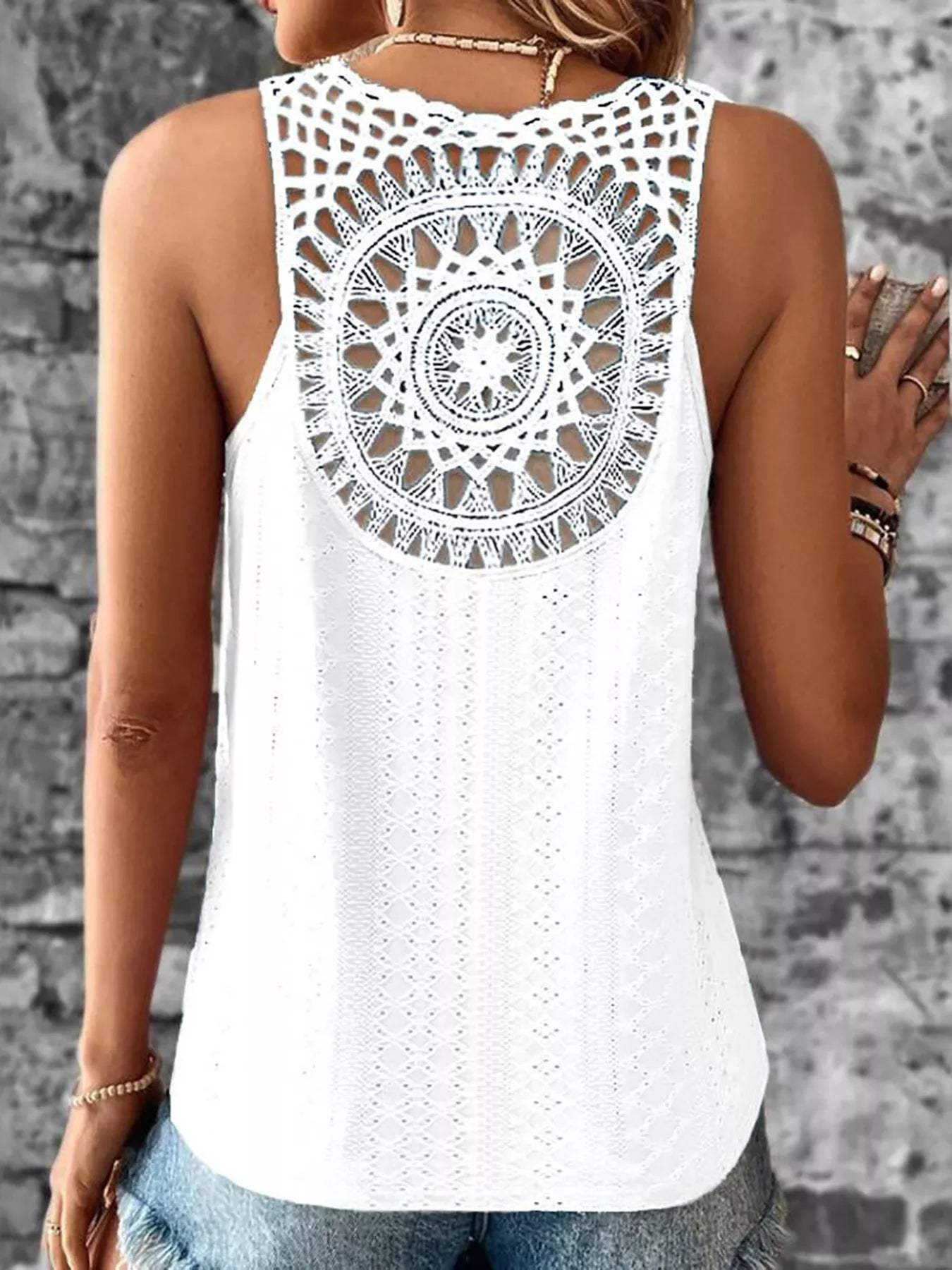 Eyelet Lace Trim V-Neck Tank Top - Trendsi - Flyclothing LLC