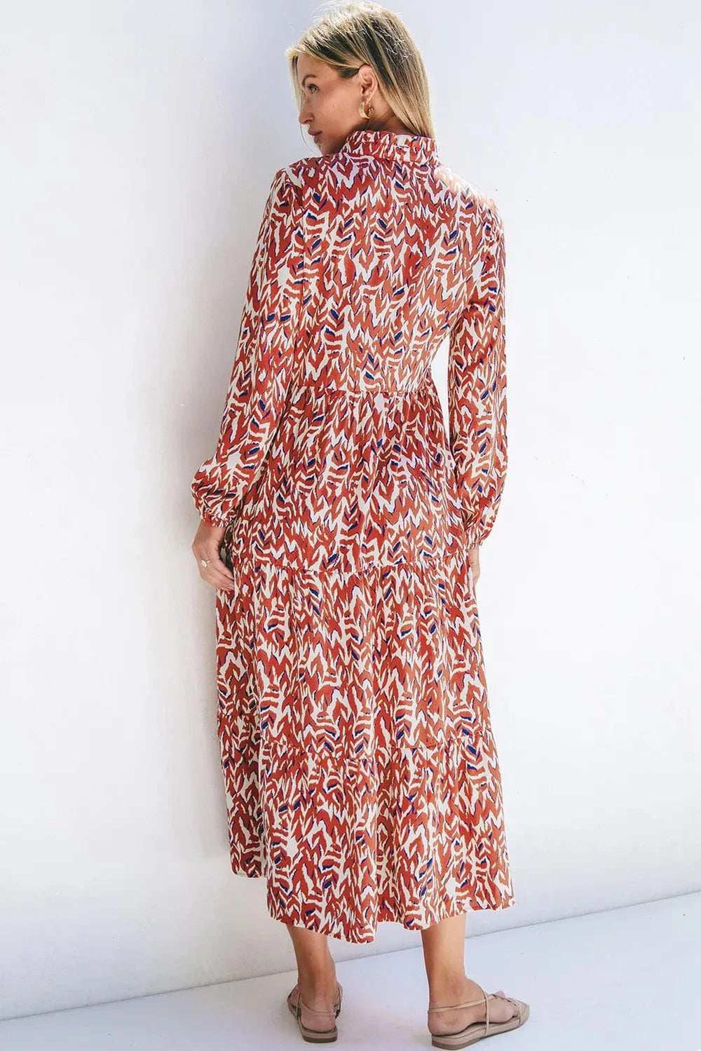 Printed Notched Long Sleeve Dress - Trendsi - Flyclothing LLC