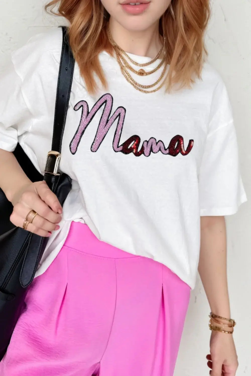 MAMA Sequin Round Neck Short Sleeve T-Shirt - Trendsi - Flyclothing LLC