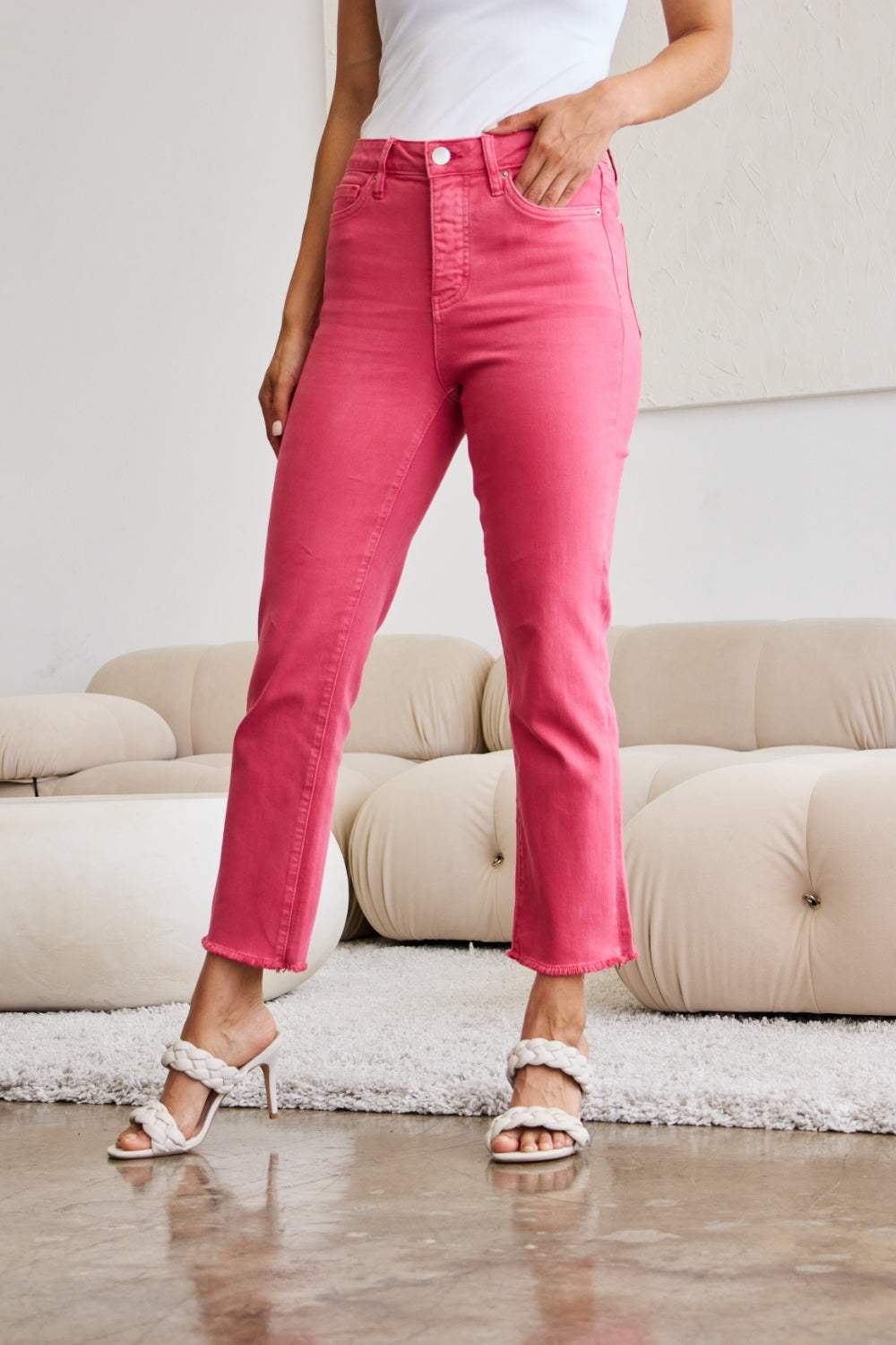 RFM Crop Dylan Full Size Tummy Control High Waist Raw Hem Jeans - Trendsi - Flyclothing LLC