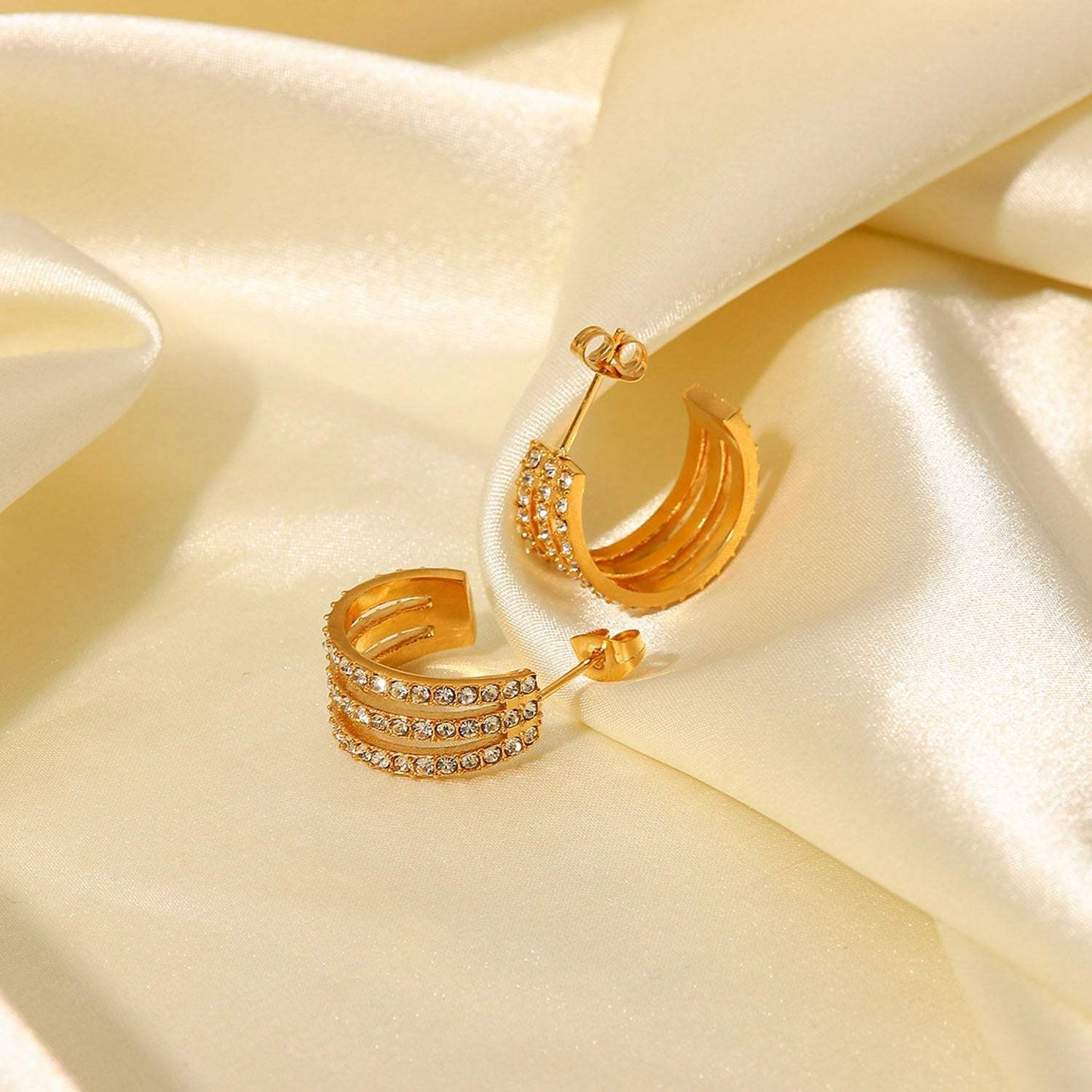Stainless Steel Inlaid Zircon C-Hoop Earrings - Trendsi - Flyclothing LLC