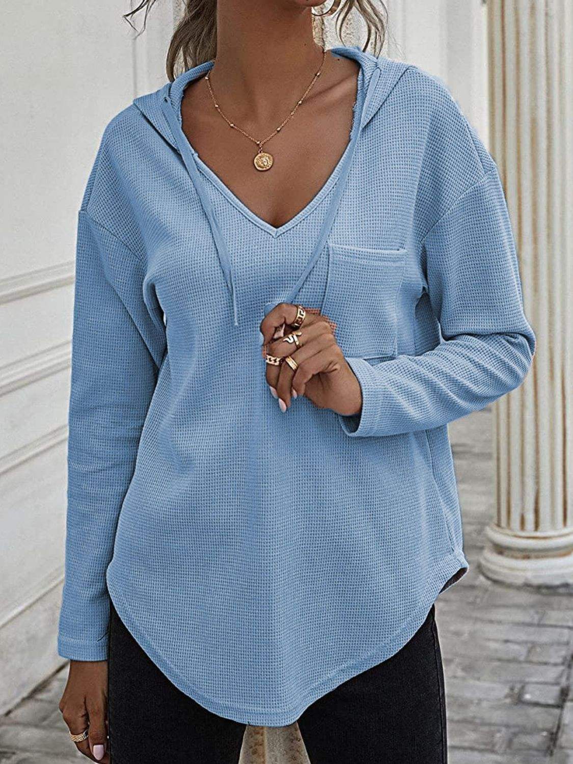 Drawstring Waffle Knit Long Sleeve Hooded Top - Trendsi - Flyclothing LLC