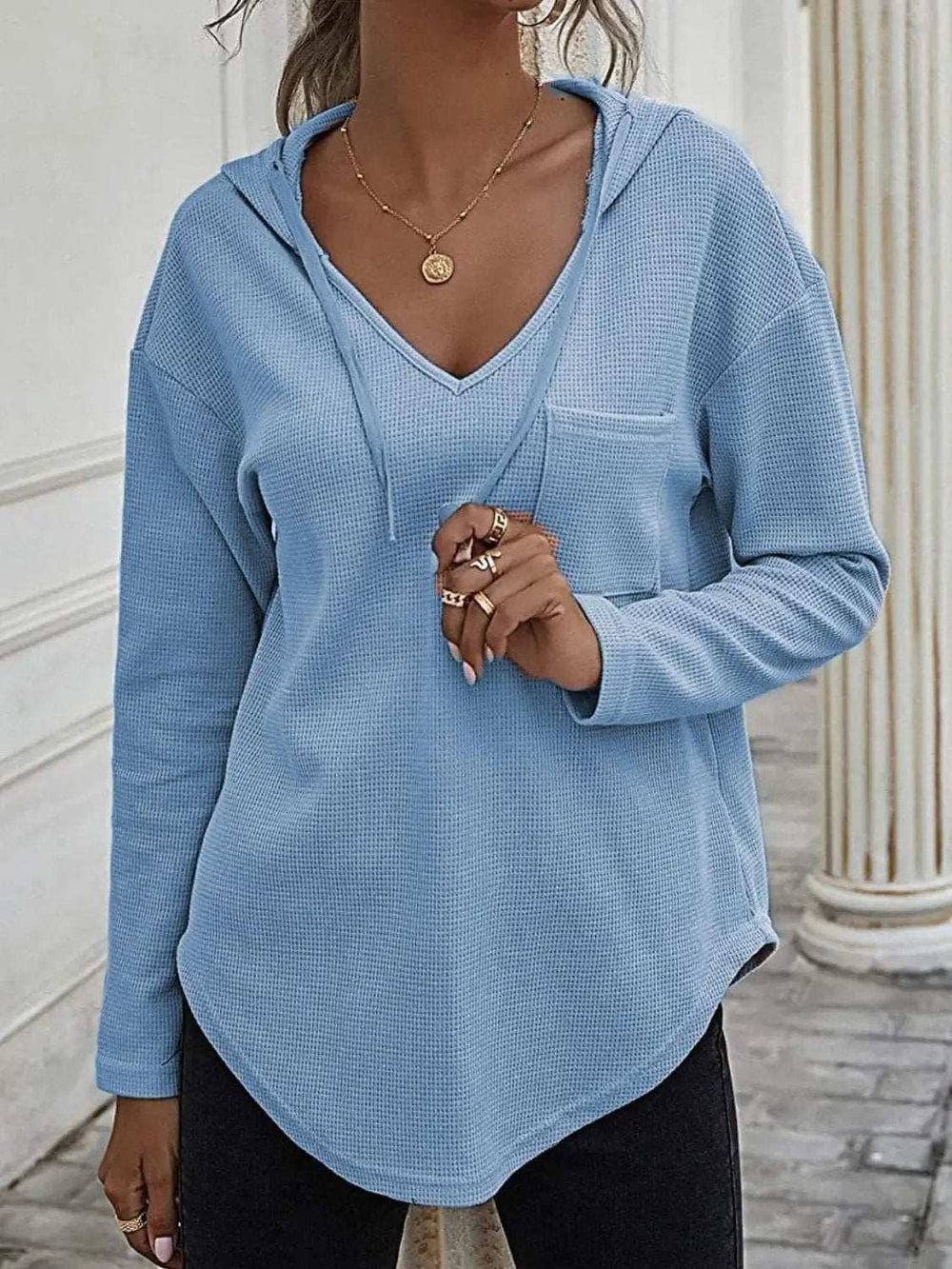 Drawstring Waffle Knit Long Sleeve Hooded Top - Trendsi - Flyclothing LLC