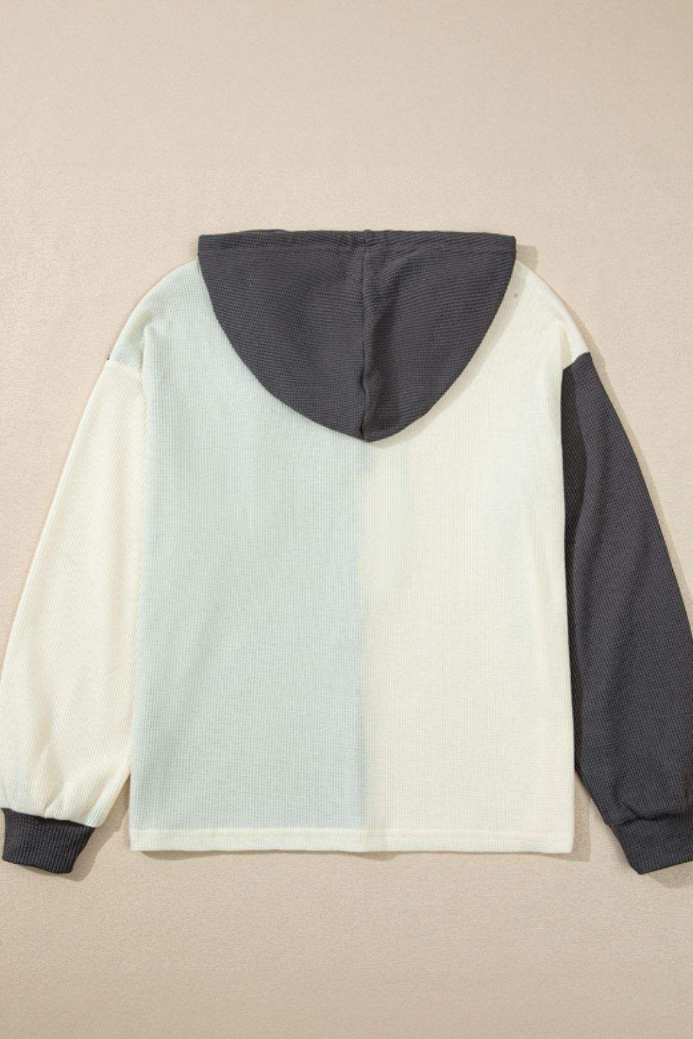 Waffle-Knit Two-Tone Long Sleeve Hoodie - Trendsi - Flyclothing LLC