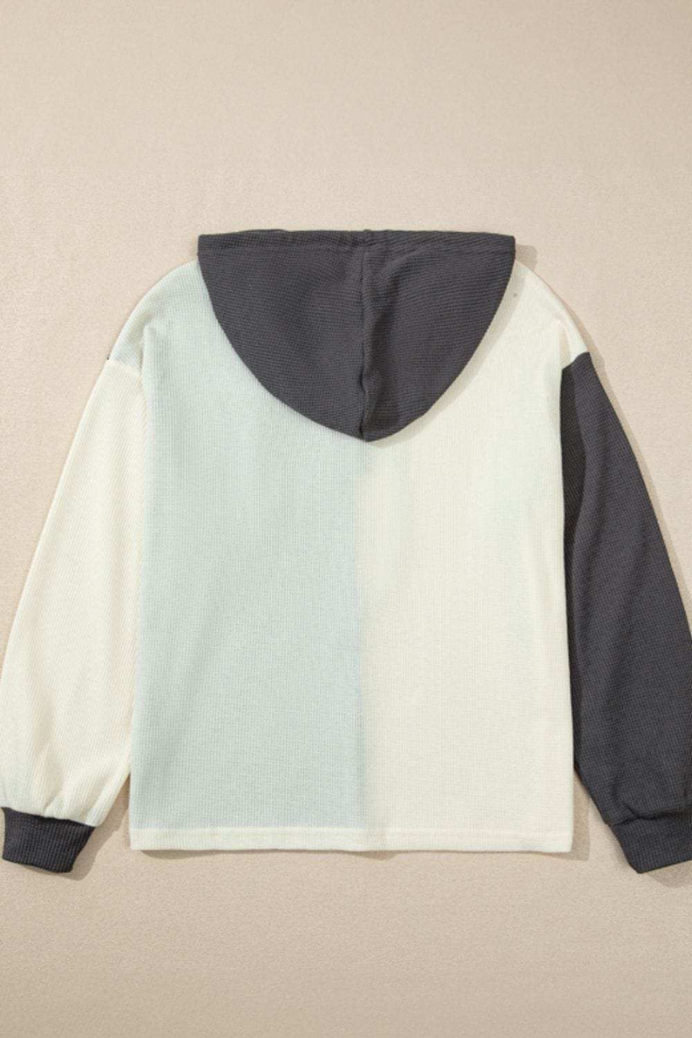 Waffle-Knit Two-Tone Long Sleeve Hoodie - Trendsi - Flyclothing LLC