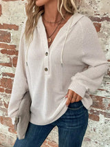 Waffle Knit Button Detail Hoodie - Trendsi - Flyclothing LLC