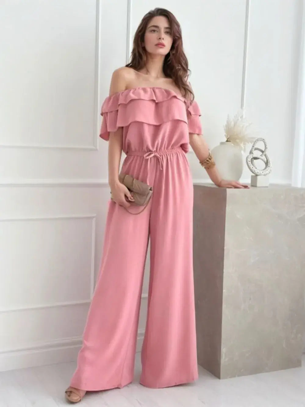 Ruffled Off Shoulder Wide Leg Jumpsuit - Trendsi - Flyclothing LLC