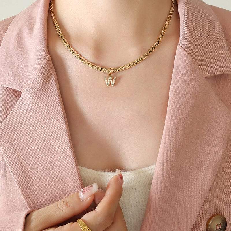 Brass Inlaid Zircon Letter Pendant Necklace - Trendsi - Flyclothing LLC