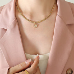 Brass Inlaid Zircon Letter Pendant Necklace - Trendsi
