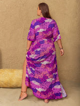 Plus Size Slit Printed Half Sleeve Maxi Dress - Trendsi - Flyclothing LLC