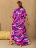 Plus Size Slit Printed Half Sleeve Maxi Dress - Trendsi - Flyclothing LLC
